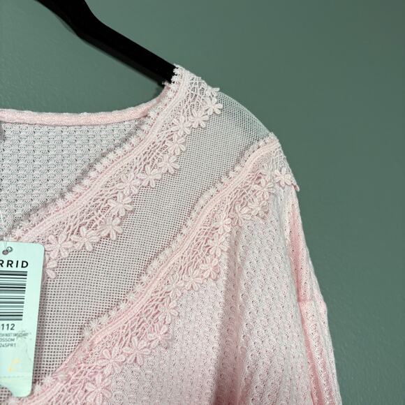 Torrid NWT Women's Pink Coquette Lace Insert Sweatshirt - Size 00 (M/L) - Waffle - Picture 2 of 8